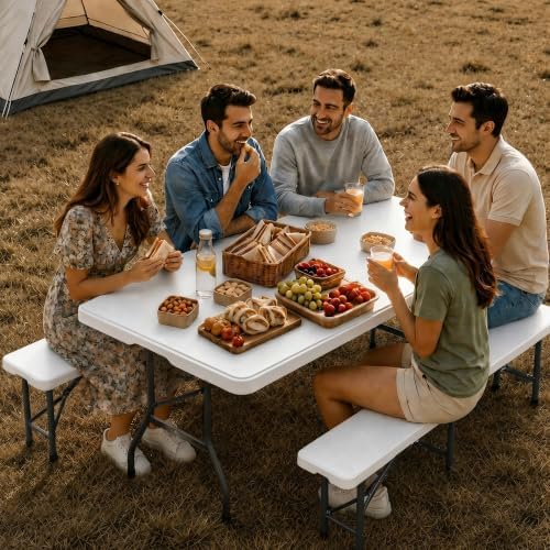 6FT Folding Picnic Table Set with 2 Benches, Heavy Duty Resin, White