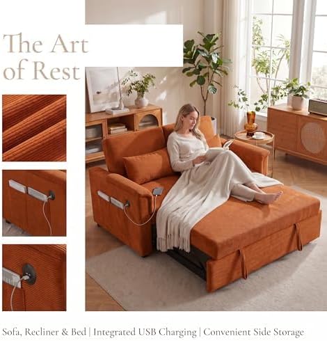 Sofa Bed, Pull Out Couch with Side Pockets, 3 in 1 Velvet Loveseat Sleeper Sofas Beds with USB Ports, Sofa Bed Couch with Adjustable Backrest for Living Room, Bedroom, Apartment, Orange