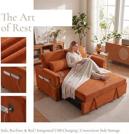 Sofa Bed, Pull Out Couch with Side Pockets, 3 in 1 Velvet Loveseat Sleeper Sofas Beds with USB Ports, Sofa Bed Couch with Adjustable Backrest for Living Room, Bedroom, Apartment, Orange