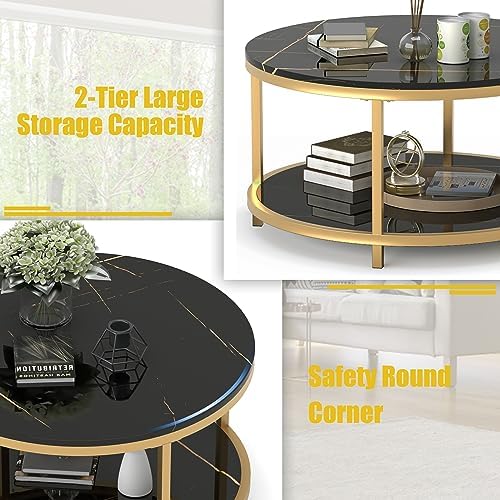 WiberWi Round Coffee Table 33.5" Coffee Tables for Living Room High Glossy Faux Balck Marble Top Modern Circle Table Sturdy Gold Metal Frame Legs Cocktail Table with Storage Open Shelf