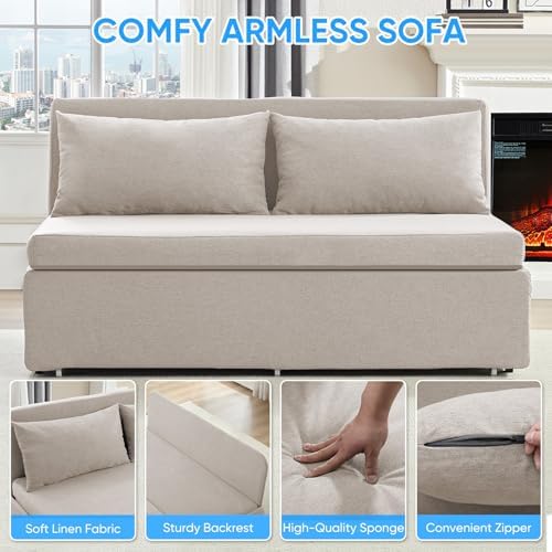 PUREMIND Queen Size Pull Out Sleeper Sofa Bed, Linen Convertible Sofa Bed with Foldable Mattress, Loveseat Couch Pull Out Bed with 2 Cushions for Small Place, Apartment, Office Beige