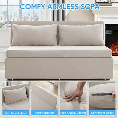 PUREMIND Queen Size Pull Out Sleeper Sofa Bed, Linen Convertible Sofa Bed with Foldable Mattress, Loveseat Couch Pull Out Bed with 2 Cushions for Small Place, Apartment, Office Beige
