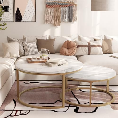 WiberWi Round Coffee Table Nesting Tables Set of 2, Large: Ø 34.0", Small: Ø 26.0", Modern Design Coffee Tables for Living Room, Metal Frame Circle Cocktail Table, High Glossy Faux Marble, White&Gold