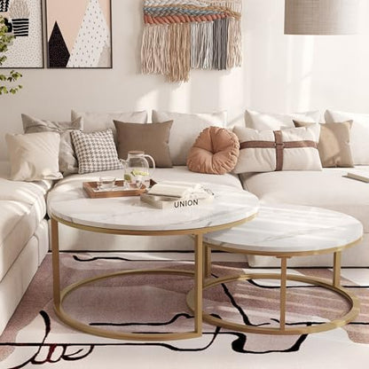 WiberWi Round Coffee Table Nesting Tables Set of 2, Large: Ø 34.0", Small: Ø 26.0", Modern Design Coffee Tables for Living Room, Metal Frame Circle Cocktail Table, High Glossy Faux Marble, White&Gold