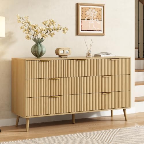 CARPETNAL Fluted 7 Drawer Dresser for Bedroom, 55" Wide Wooden Chest of Drawers with Rounded Corners, Gold Handles, Modern Storage Organizer for Bedroom, Hallway(Oak)