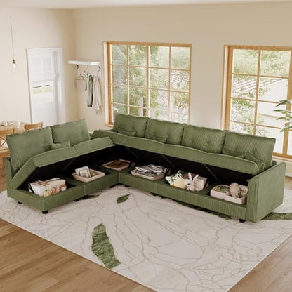 LLappuil Corduroy Modular Sofa Set, 6-Seater Reversible L-Shaped Sectional Couch with Storage, Soft Fabric for Cozy Living Room, Apartment, Included Back Cushions & Throw Pillows, Green