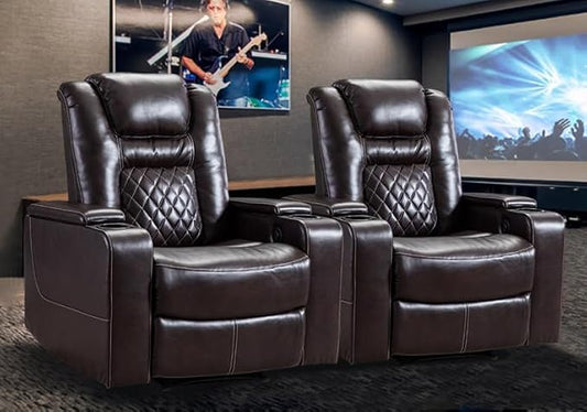 CANMOV Electric Power Recliner Chair Set of 2, Breathable Leather Home Theater Seating with Hidden Arm Storage, Power Recliner Chair for Living Room with USB Ports and Cup Holders,Brown