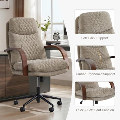 KISLOT Home Office Desk Chair, Ergonomic Office Chair with Lumbar Support, Adjustable Swivel Computer Chair with Wheels, Fabric Executive Task Chair with Wood Arms, Khaki