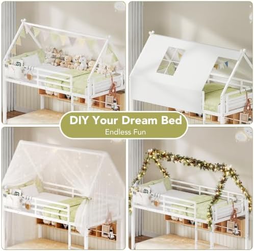 Decofy Bunk Bed Twin Over Twin with Book Shelf, House Bunk Bed Frame, White