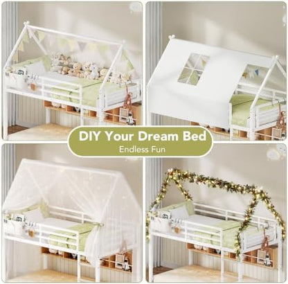 Decofy Bunk Bed Twin Over Twin with Book Shelf, House Bunk Bed Frame, White