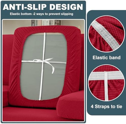 UNBBRRL Seat Cushion Cover and Back Covers for Corner Sofa Stretch Jacquard, Non Slip L Shaped Sofa Slipcover with Storage Ottoman, Sectional Couch Cover for Chaise Lounge (Red,Ottoman 15 x 15 x 16”)