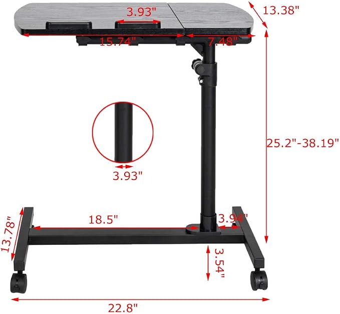 TV Tray Bed Side Table, Portable Rolling Desk Hospital Bed Laptop Table, Small Standing Desk with Wheels Adjustable Height for Sofa, Bedside, Tablet Use, Secure Non Tilt, 23.2" W, Black