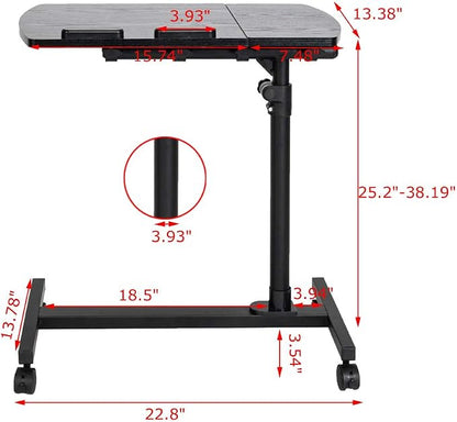 TV Tray Bed Side Table, Portable Rolling Desk Hospital Bed Laptop Table, Small Standing Desk with Wheels Adjustable Height for Sofa, Bedside, Tablet Use, Secure Non Tilt, 23.2" W, Black