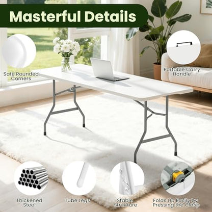 8FT White Plastic Folding Table Set with 10 White PU Padded Chairs