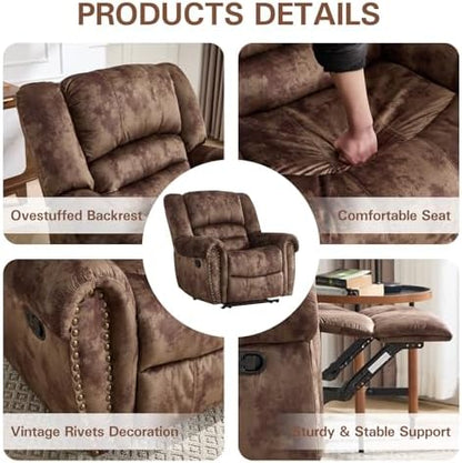 CANMOV Manual Recliner Chair Set of 2, Classic and Traditional Fabric Recliner Chair with Comfortable Arms and Back Single Sofa for Living Room, Chocolate Brown