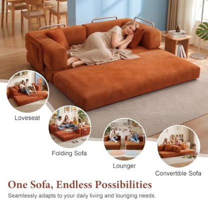 Convertible Futon Sofa Bed | 78.8” Corduroy Boneless Couch with Pull Out Sofa Bed, Comfy Futon Floor Couch with Side Pocket, Versatile Sleeper Sofa for Home & Apartment |Orange