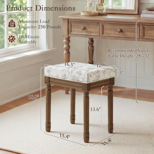 LUE BONA Vintage French Vanity Bench Stool, Upholstered Floral Makeup Chair