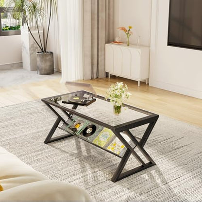Wolawu Glass Coffee Table Black Table Living Room Table with Storage Shelf