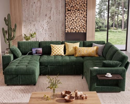 WEUP 111" Modular Sectional Sleeper Sofa with Pull Out Bed, 7 Seat Chenille L Shaped Couch with Storage Chaise|USB Ports|Cup Holders|Side Table|LED Light, Tool Free Assembly, Green