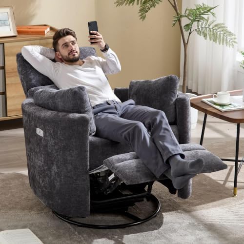 Power Recliner Nursery Swivel Rocking Glider Chair,Upholstered Electric Adult Nursing Recliner Rocker Chair with USB Port with 2 Pillows for Nursery Living Room Bedroom (Dark Grey,Power-Driven)
