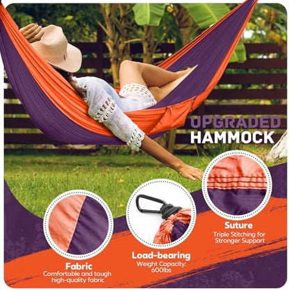 Camping Hammock Lightweight, Portable Hammocks Parachute Hammock with Two Tree Straps, Single or Double Travel Swing Nylon Camp Hammocks, Outdoor Essentials for Beach Backpacking Hiking, Orange