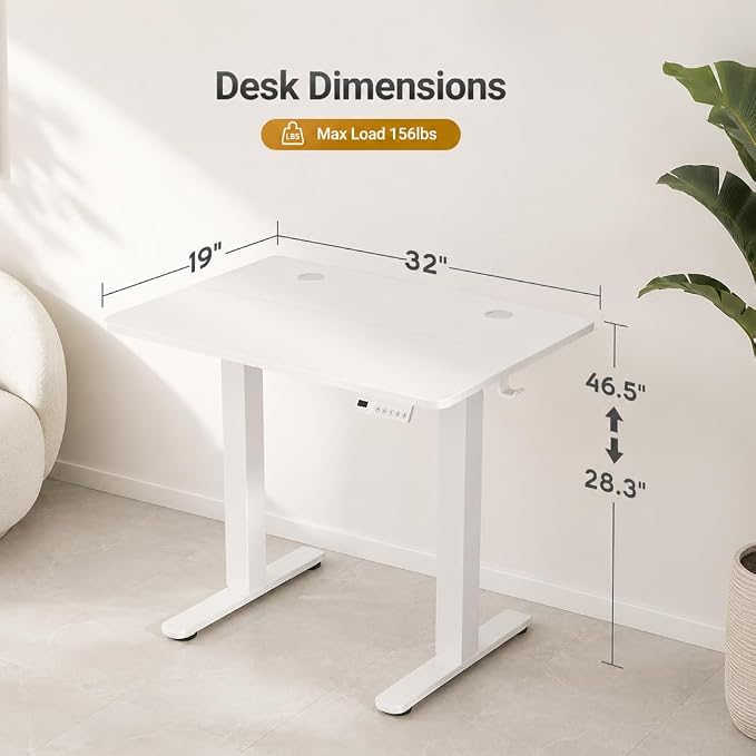 Claiks Electric Standing Desk, 32 x 19 Inch Small Height Adjustable Sit Stand Desk for Home Office, Computer Desk with Memory Presets, Cable Management & Headphone Hooks, 156 lbs Capacity, White