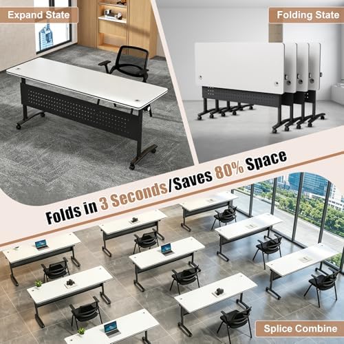 Conference Table, Folding Conference Room Tables with Wheels, Modular Flip Top Nesting Training Table, Modern Rolling Meeting Stackable Tables for Mobile Office Boardroom Classroom, White 4Pack
