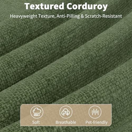 L Shaped Sectional Couch, 94.5" Sectional Cloud Couch for Living Room,Fluffy Modular Sofa with Textured Corduroy,3 Seaters with Ottoman,Pet-Friendly Comfy Modern Deep Seat Sofa Set,Green