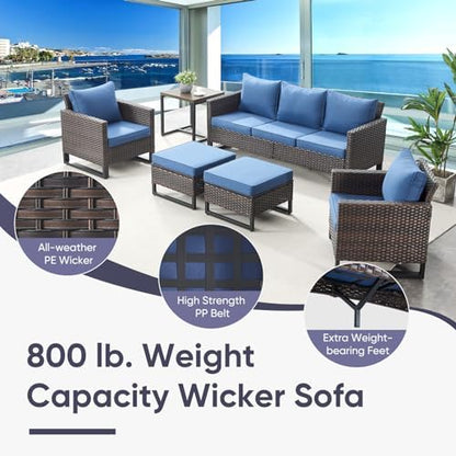Belord 7 Pieces Patio Furniture Set with 50000BTU Propane Fire Pit Table: Wicker Patio Conversation Set with Outdoor Club Chairs Patio Couch Metal Side Table, All Weather Brown Rattan