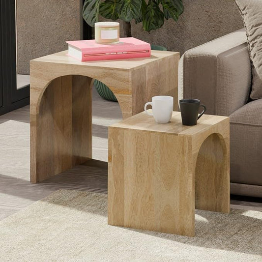 Relso Arch Duo Solid Mango Wood Nesting Tables for Living Room Set of 2 | Stylish Sustainable Design Nesting Side Tables | Unique Arched Cutouts Nesting Stools | Mid Century Nesting Tables
