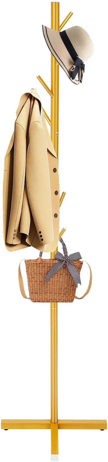 Modern Coat Rack,Free Standing 7 Hooks Hall Tree,Easy Assembly for Coats, Hats,Scarves and Handbags for Entryway, Hallway,Bedroom,Office,Gold