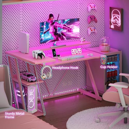 Korfile 47 Inch Gaming Desk with Power Outlet, LED, Carbon Fiber Pink