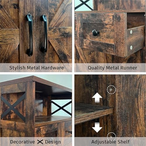 Brown Farmhouse Storage Cabinet with Doors and Drawers, Small Pantry Hutch