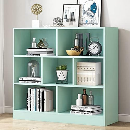 IOTXY Open Shelf Low Bookcase - Wooden 3-Tier Cube Bookshelf, Tiffany-Green