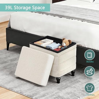 CAROLMADE Folding Storage Ottoman Cube Sherpa Footstool with Wood Legs Ottoman Footrest for Living Room and Bedroom, White 15"x12.6"x15.4"