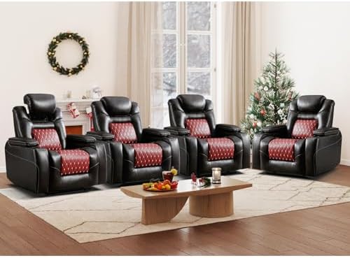 ANJ Power Recliner Chair Set of 4,Home Theater Seating with Adjustable Headrest,Cup Holders,USB Port,Hidden Arm Storage(Brown)