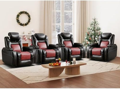 ANJ Power Recliner Chair Set of 4,Home Theater Seating with Adjustable Headrest,Cup Holders,USB Port,Hidden Arm Storage(Brown)
