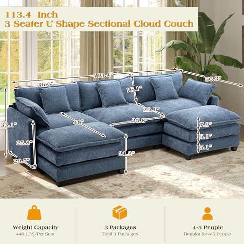 Hanherry Modular Sectional Sofa,Cloud Couch for Living Room,Modern Deep Seat Sofa Chenille Fabric Comfy Couches with Throw Pillows & Movable Ottoman for Apartment