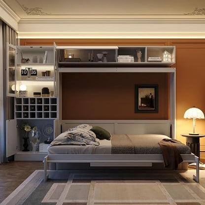 MERITLINE Murphy Bed Queen with Couch and Storage,Charging Station& LED Light,Wood Foldable Murphy Wall Bed Cabinet with Storage Cabinet,Sofa,Bookcase and Wine Rack