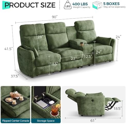LINSY Modular 3-Seater Recliner Sofa with Flippable Console & Hidden Storage, Dual Manual Reclining Couch with USB Ports & Cup Holders, Corduroy Couch for Living Room, Home Cinema, RV (Green)