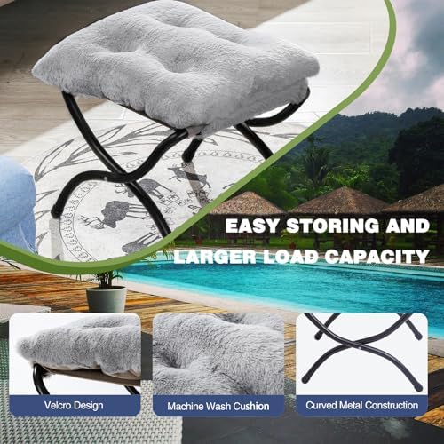 15" Faux Fur Upholstered Folding Foot Rest Stool with Metal Frame Grey