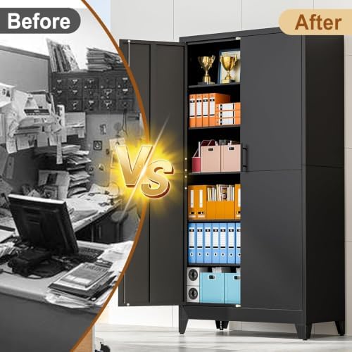 79" Metal Storage Locker Cabinet with Lock and 5 Adjustable Shelves,Steel Lockable Garage Tool Cabinet, File Cabinet,Kitchen Pantry Cabinet for Home,Office,Garage,School,Warehouse Black