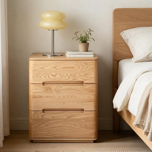 Solid Oak Wood Nightstand with 3 Drawer Natural Wood Bedside Table
