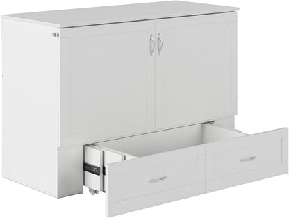 AFI Hamilton Full Murphy Bed Chest with Mattress, Storage, and Built-in Charger in White