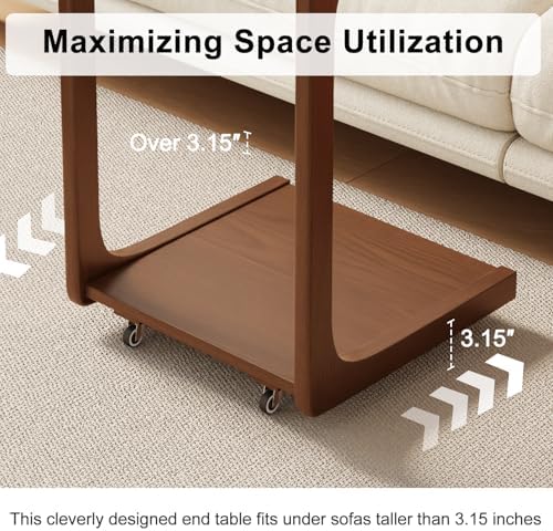 AQIMUELE Wooden C-Shaped End Table,Couch Table with Adjustable Desktop,Small Rolling Side Table with 2 Lockable Wheels,Small End Table for Couch, Living Room,Bedroom (Walnut)