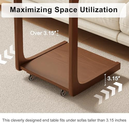 AQIMUELE Wooden C-Shaped End Table,Couch Table with Adjustable Desktop,Small Rolling Side Table with 2 Lockable Wheels,Small End Table for Couch, Living Room,Bedroom (Walnut)