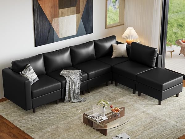 ABCASA Faux Leather Sectional, Modular Sectional Sofa with Storage Seats, 6 Seat Faux Leather Modular L Shaped Couches with Movable Ottoman for Living Room,Black