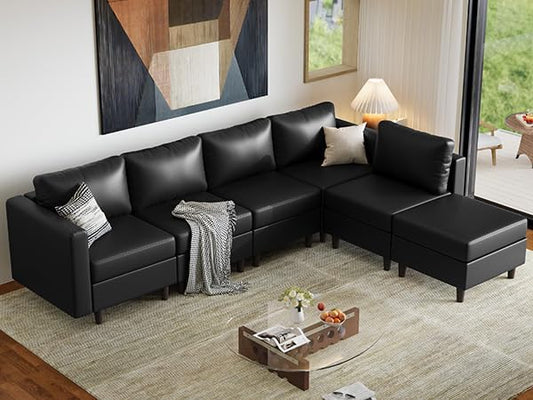 ABCASA Faux Leather Sectional, Modular Sectional Sofa with Storage Seats, 6 Seat Faux Leather Modular L Shaped Couches with Movable Ottoman for Living Room,Black