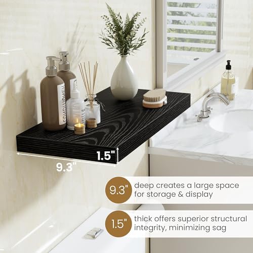 Black Floating Shelves 24 Inch Long, 9.3 Inch Deep Floating Shelf for Lving Room, Bedoom, Kitchen, Deep Wall Shelves for Bathroom, 2 Pack Storage Display Shelf for Books, Decors