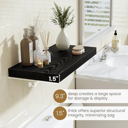 Black Floating Shelves 24 Inch Long, 9.3 Inch Deep Floating Shelf for Lving Room, Bedoom, Kitchen, Deep Wall Shelves for Bathroom, 2 Pack Storage Display Shelf for Books, Decors